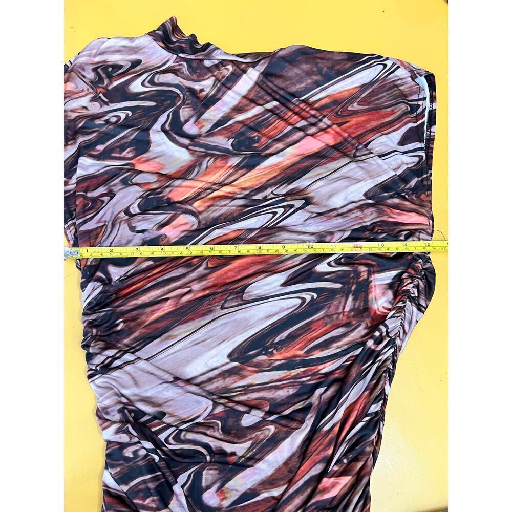 ☀️PrettyLittleThing Brown Print Slinky Sleeveless Ruched Bodycon Mini Dress - Picture 7 of 8
